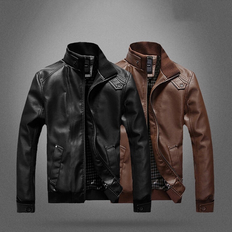 Áo Khoác Da Pu Cổ Đứng Màu Đen / Nâu Thời Trang Xuân Thu Cho Nam