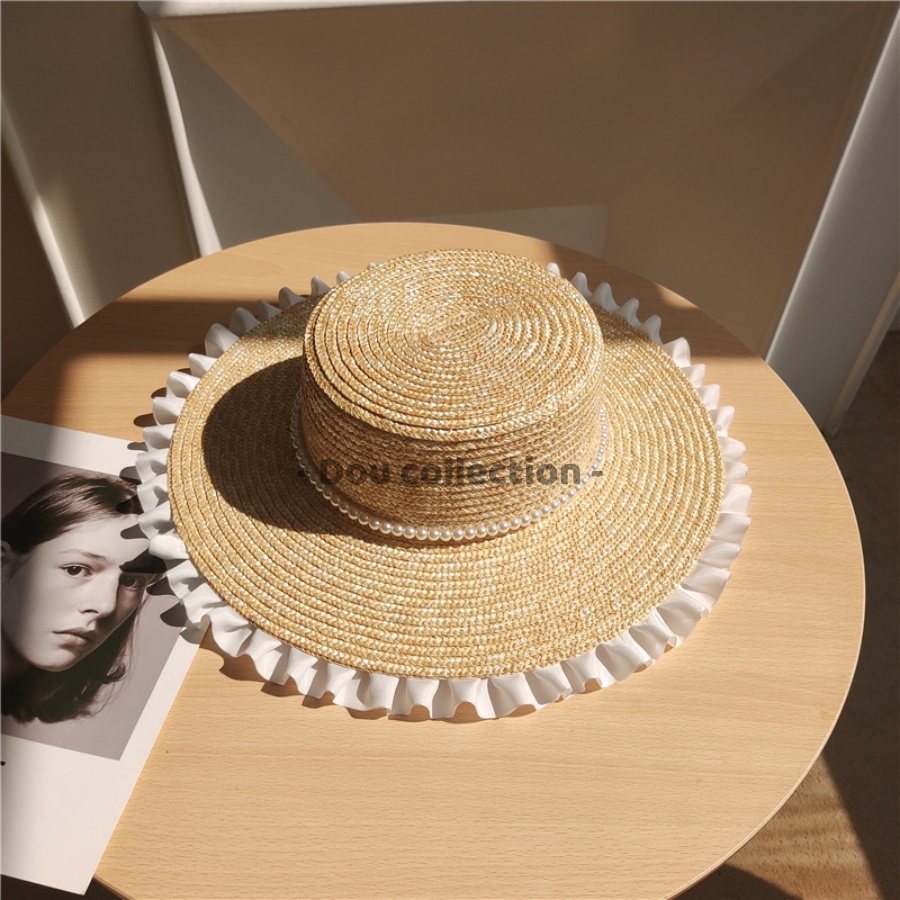 [NowShip2h] Nón Cói (Mũ Cói) Rơm Raffia Sợi Tự Nhiên Xếp Ly Ren Phối Dây Hạt Trắng Chống Nắng Đi Biển - Mã NC024