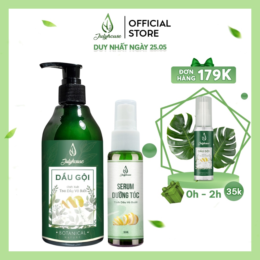 Dầu gội Bưởi JULYHOUSE 300ml và Serum dưỡng tóc tinh dầu Bưởi 38ml ngăn ngừa gãy rụng, dưỡng tóc suôn dài óng mượt