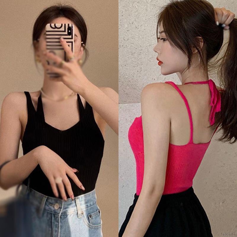 Áo Dệt Kim Hai Dây Màu Trơn Dáng Ôm Gợi Cảm Cho Nữ