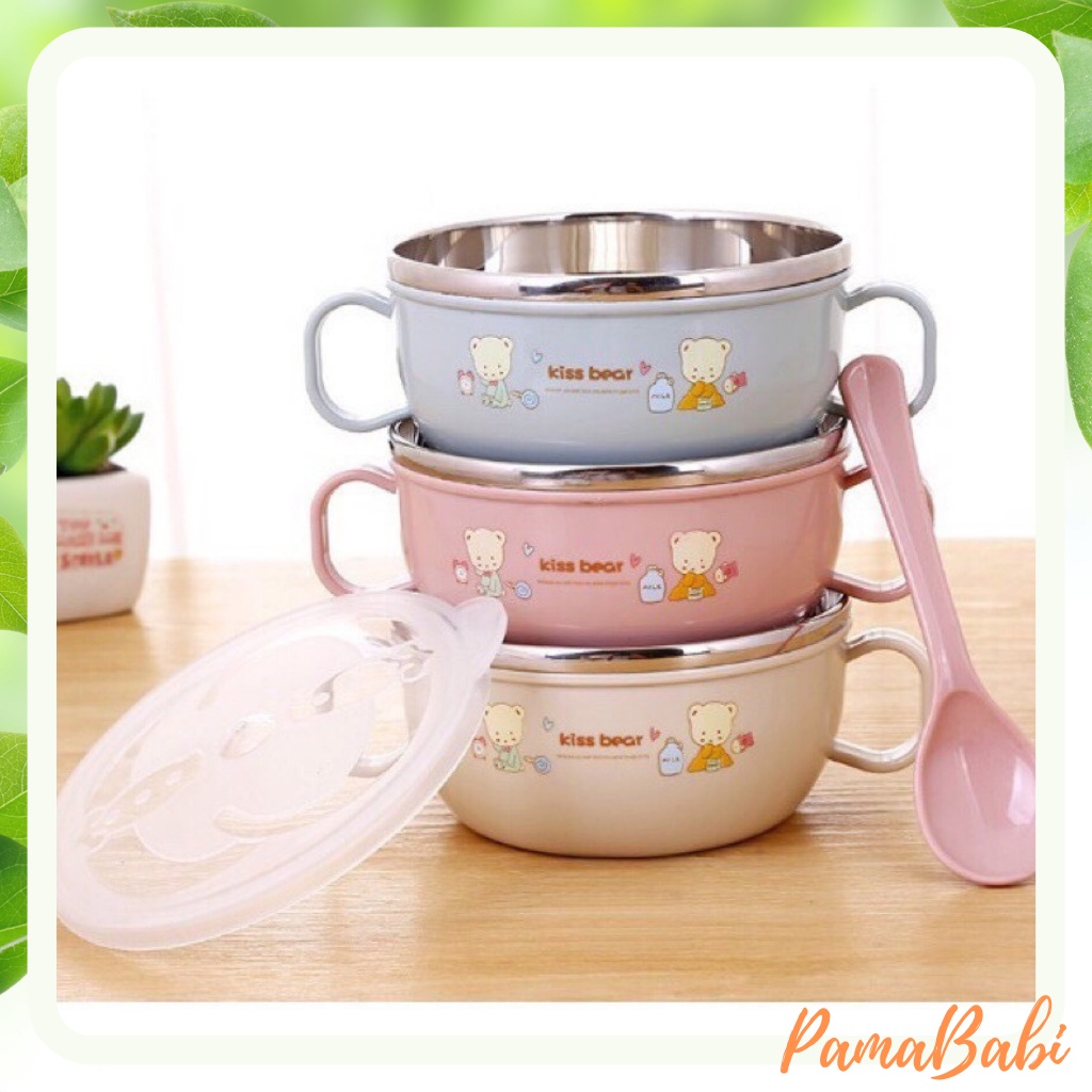 Bát ăn dặm 2 lớp ruột inox kèm thìa và nắp đậy tiện lợi cho bé