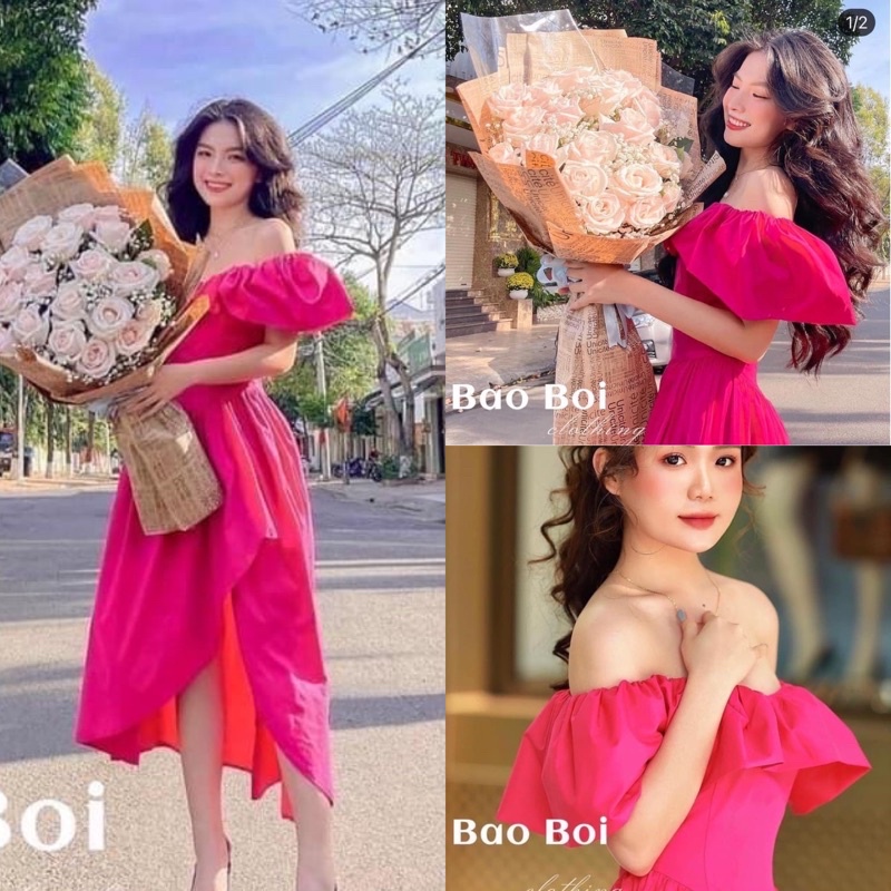 Đầm Dự Tiệc Hồng Trễ Vai Vải Mềm Không Nhăn Mặc Siêu Mát Form Rộng Dáng Xoè