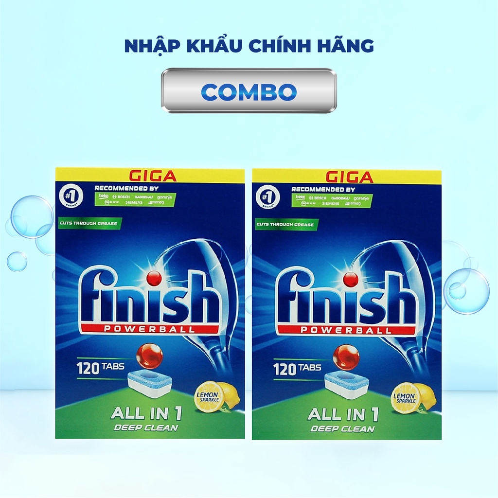 Combo chất tẩy rửa Finish: Combo 2 hộp Finish All in 1 120 viên - Hương chanh