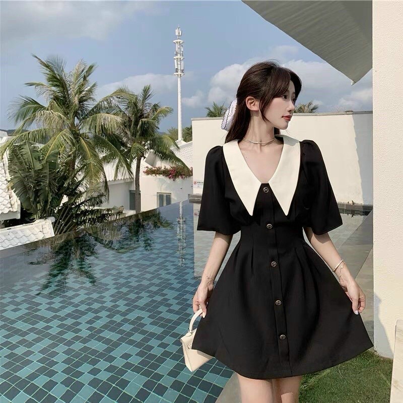 Đầm cổ bèo phối 2 màu đơn giản nhưng siêu xinh thời trang nữ dành cho các vừa đi chơi, đi dạo phố | BigBuy360 - bigbuy360.vn