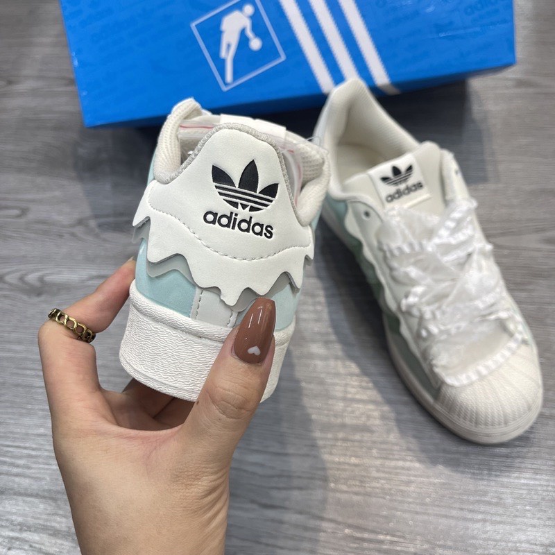 Giày thể thao adidas superstar trắng kem, hồng kem, sò xanh bản đẹp 2022 dây hồng full box - giấy gói