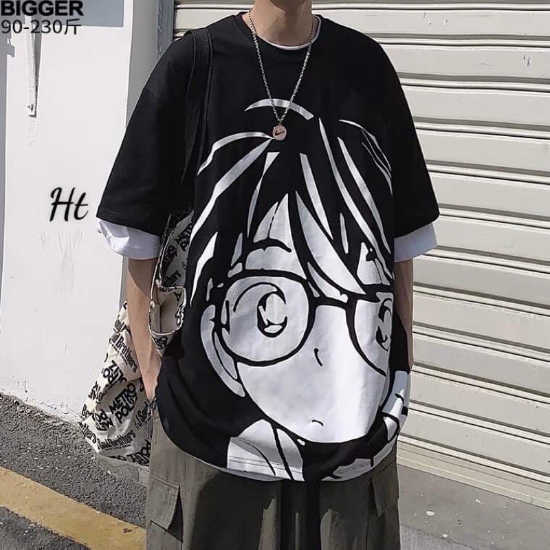 Áo thun tay lỡ in mặt conan đeo kính