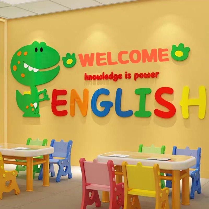 Tranh dán tường mica dán nổi english khủng long trang trí phòng ngủ, lớp học, trung tâm tiếng anh, khu vui chơi cho bé