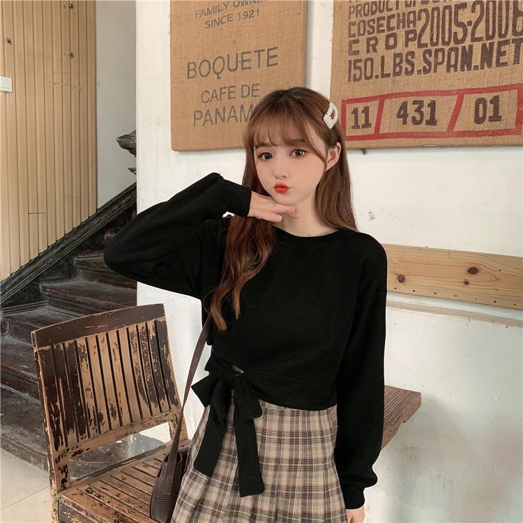 Áo Sweater Cotton Mỏng Tay Dài Dáng Rộng Lưng Cao Màu Trơn Thời Trang Hàn Quốc 2022 Cho Nữ