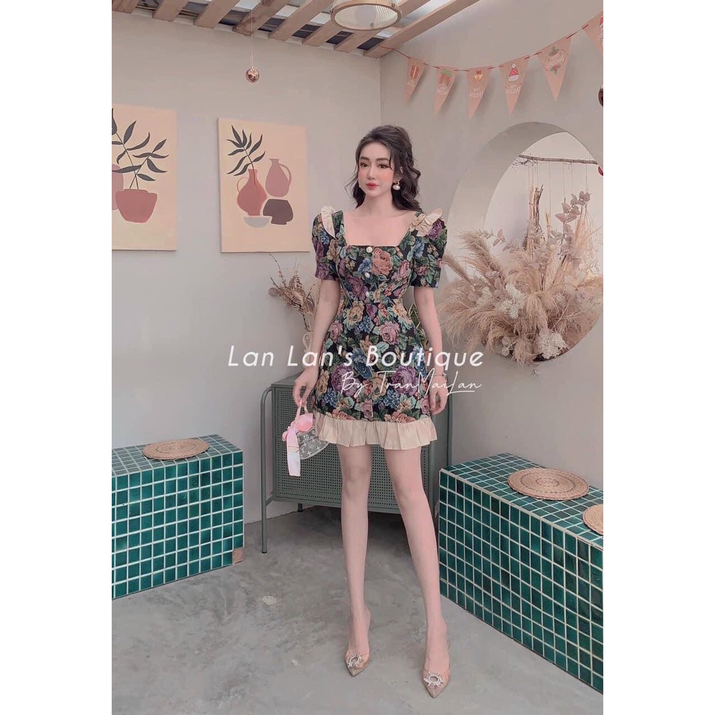 Đầm dáng xòe gấm hoa cao cấp phối nút - Flora Dress