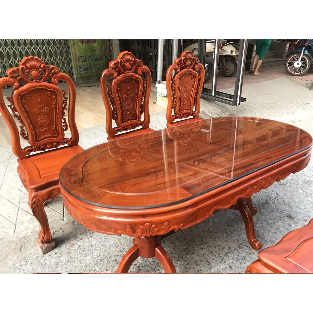 Bộ Bàn Ăn OVAL 6 Ghế Chạm Tó Hoa Hồng Gỗ Gõ Đỏ Màu Hương