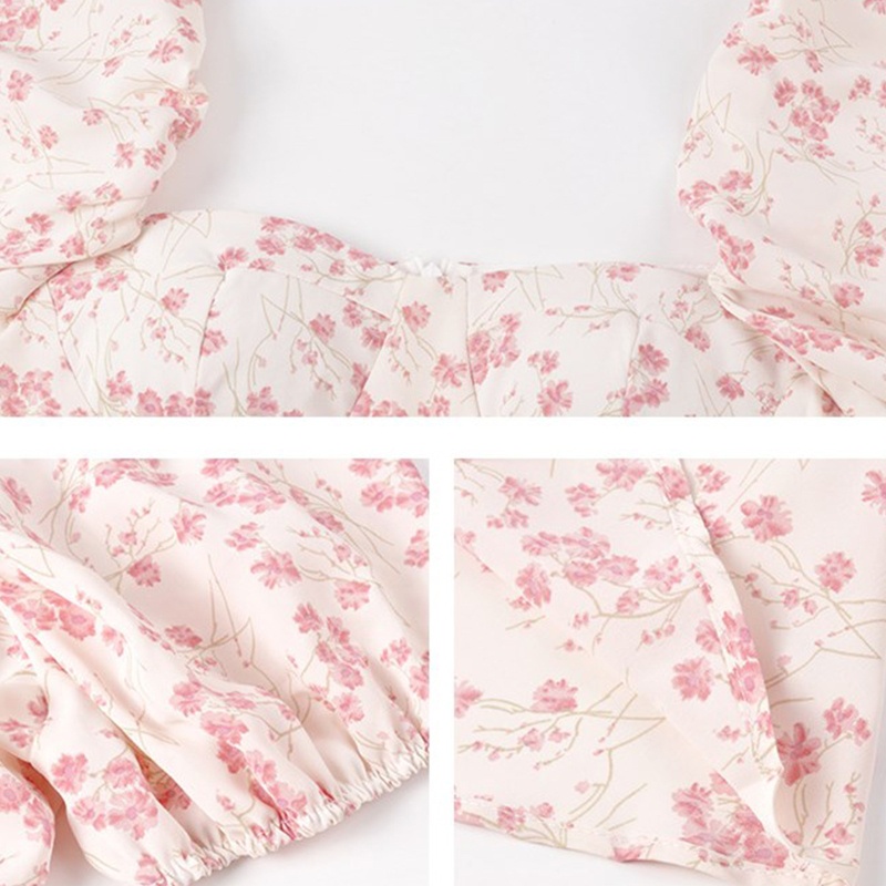 Brroa Đầm Tay Ngắn Phồng Cổ Vuông Xếp Ly Viền Bèo Nhún In Họa Tiết Hoa Phong Cách Pháp Cổ Điển Thời Trang Cho Nữ