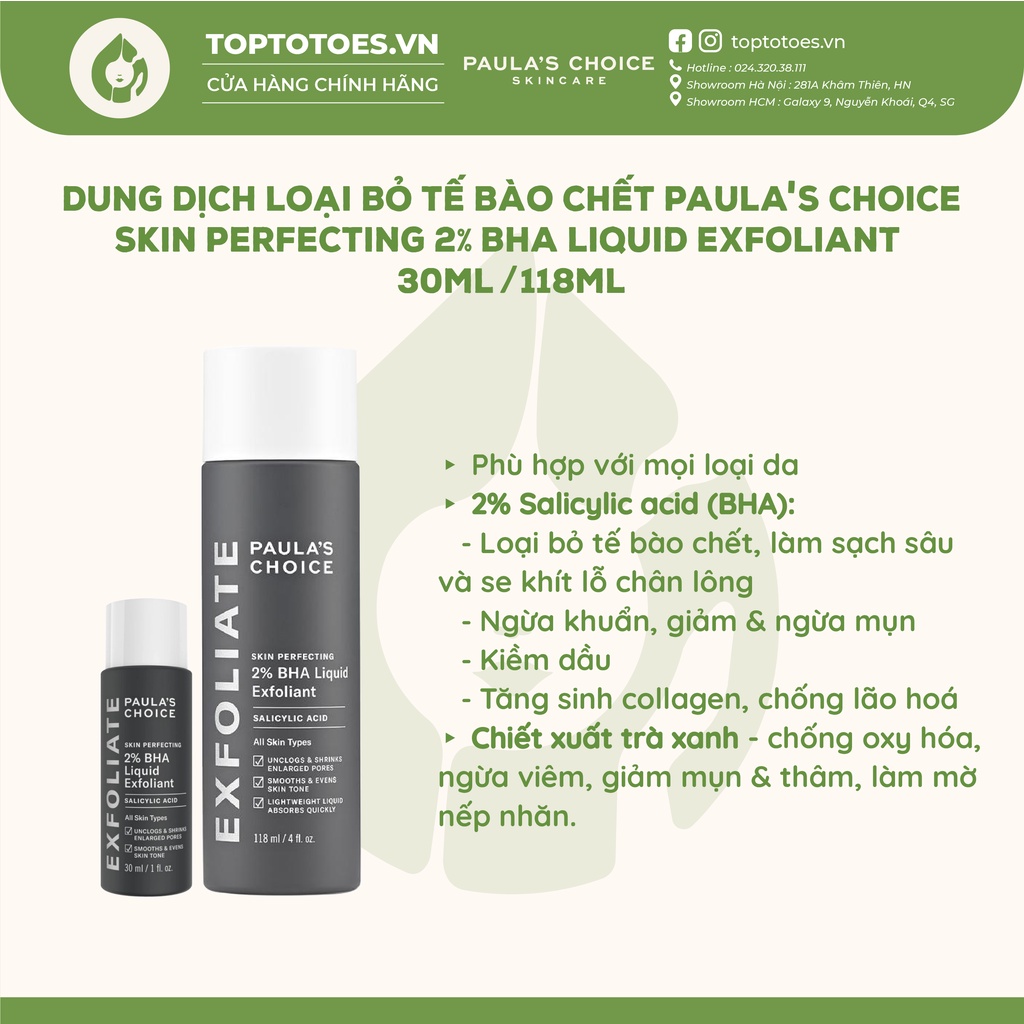 Dung dịch loại bỏ tế bào chết Paula's Choice 2% BHA Skin Perfecting Liquid Exfoliant 30ml & 118ml [NHẬP KHẨU CHÍNH HÃNG]