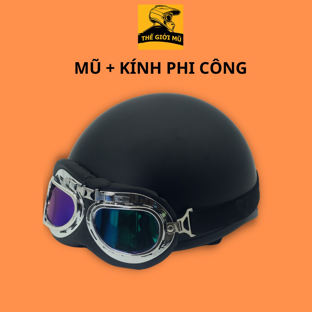 Mũ bảo hiểm nửa đầu đen trơn kèm kính uv, phi công, mũ 1/2 cao cấp xốp ép nhiệt