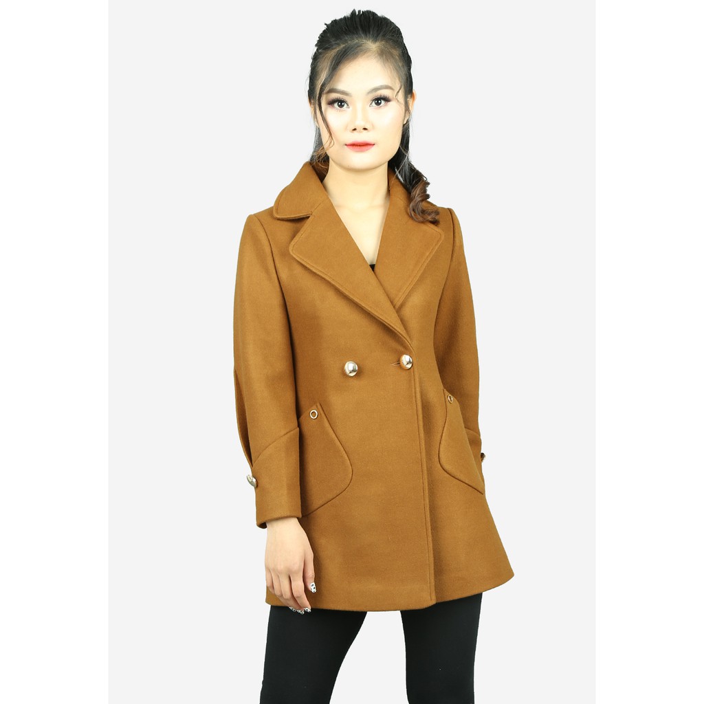 Áo măng tô 2 lớp tay dài li đối dạ len nâu cổ 2 ve 2 túi ốp xiên đính ô rê trang trí 2 khuy The One Fashion AKL045NAD