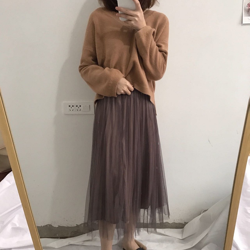 Chân váy dài nữ xòe lưng cao mới 2021, Đầm dài xòe xếp ly lớp ren ngoài màu đen trắng cao cấp thời trang du lịch công sở | BigBuy360 - bigbuy360.vn