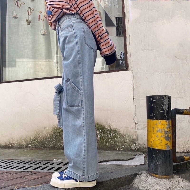 Quần Jeans Phối Dây Thắt Nơ Ống Rộng Ulzzang