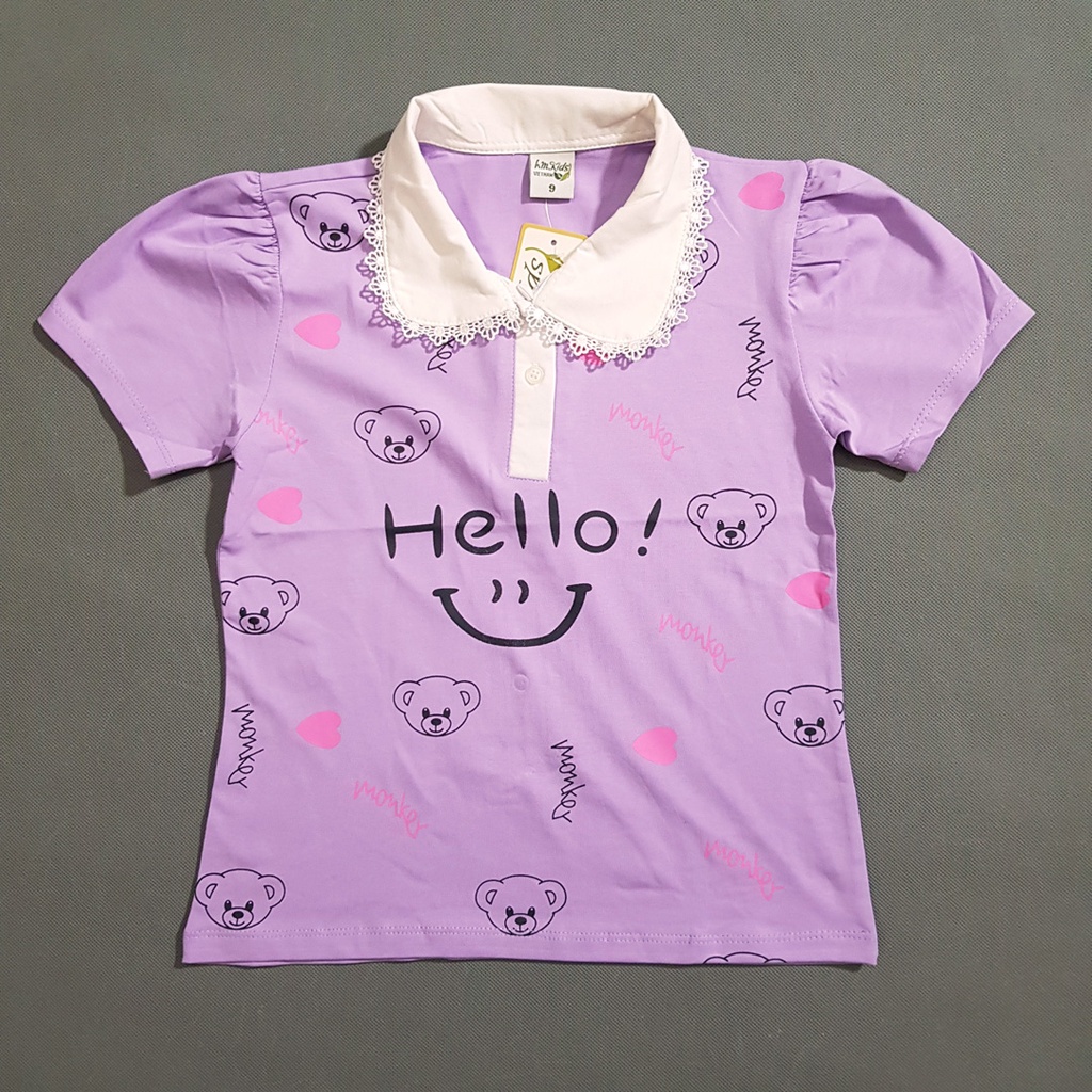 Áo thun bé gái cổ ren in chú gấu dể thương