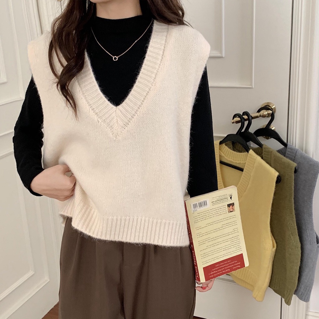 Áo gile len nữ, áo len dệt kim đơn giản dáng ngắn cực xinh cho chị em | BigBuy360 - bigbuy360.vn