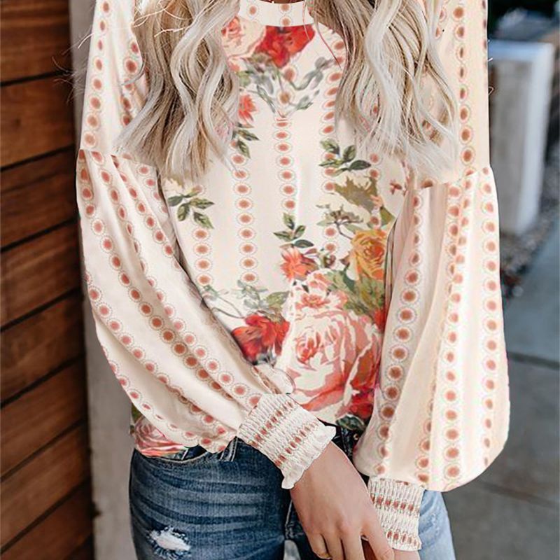 Áo Sơ Mi Mùa Thu Dáng Rộng Cổ Tròn Tay Phồng In Họa Tiết Hoa Kẻ Sọc Cổ Điển Cho Nữ