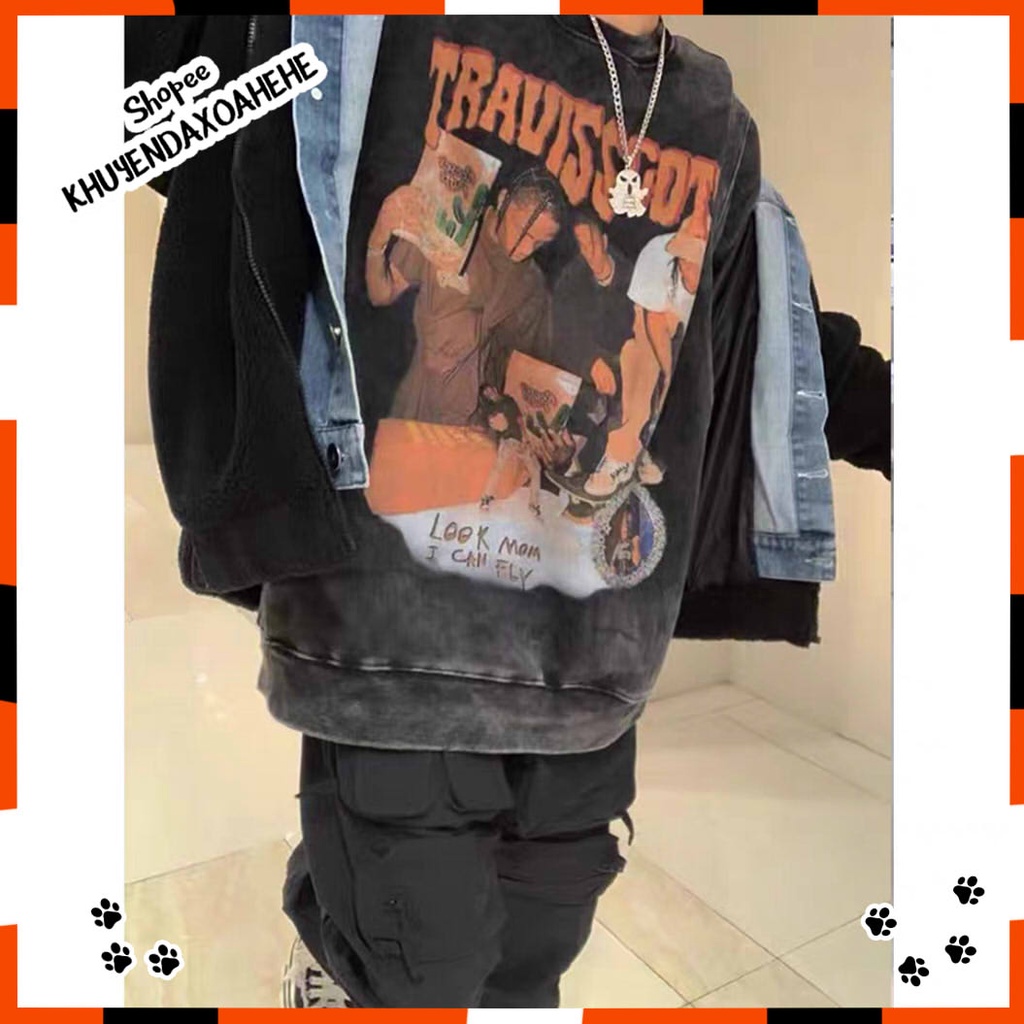 A024 Áo sweater nam nữ đen loang Travis Scott oversize thu đông Áo Hoodie nỉ dài tay hiphop cá tính form rộng unisex