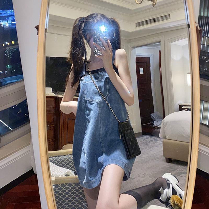 Đầm Yếm denim Lưng Cao Dáng Rộng Phong Cách Hàn Quốc Cổ Điển Thời Trang Cho Nữ