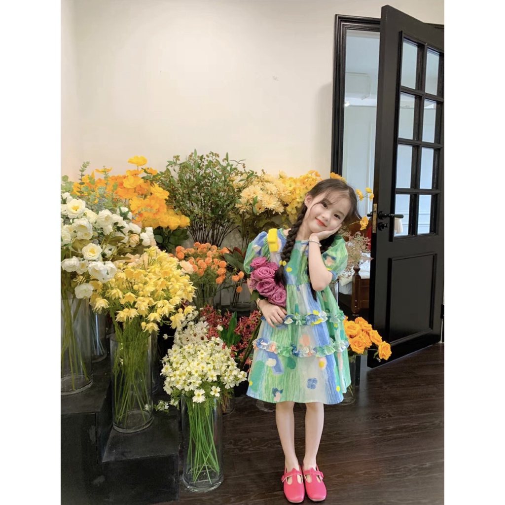 Váy hoa xanh nơ vàng cho bé gái 9-35kg size nhỡ G20