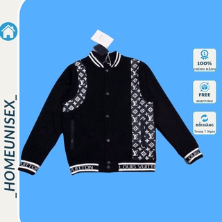 Áo Khoác LV, bomber LV Vai Da Tay Da Thêu Chữ Viền Trắng Đen Hot 2021