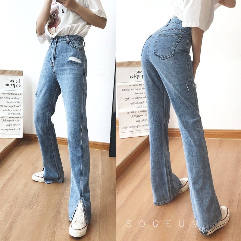 Quần jean nữ co giãn, Quần bò cạp cao ống vẩy rách xẻ tà màu xanh sogeum.store | BigBuy360 - bigbuy360.vn