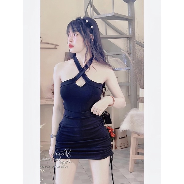 Set áo pozip chéo cổ và chân váy body rút dây 2 bên siêu đẹp