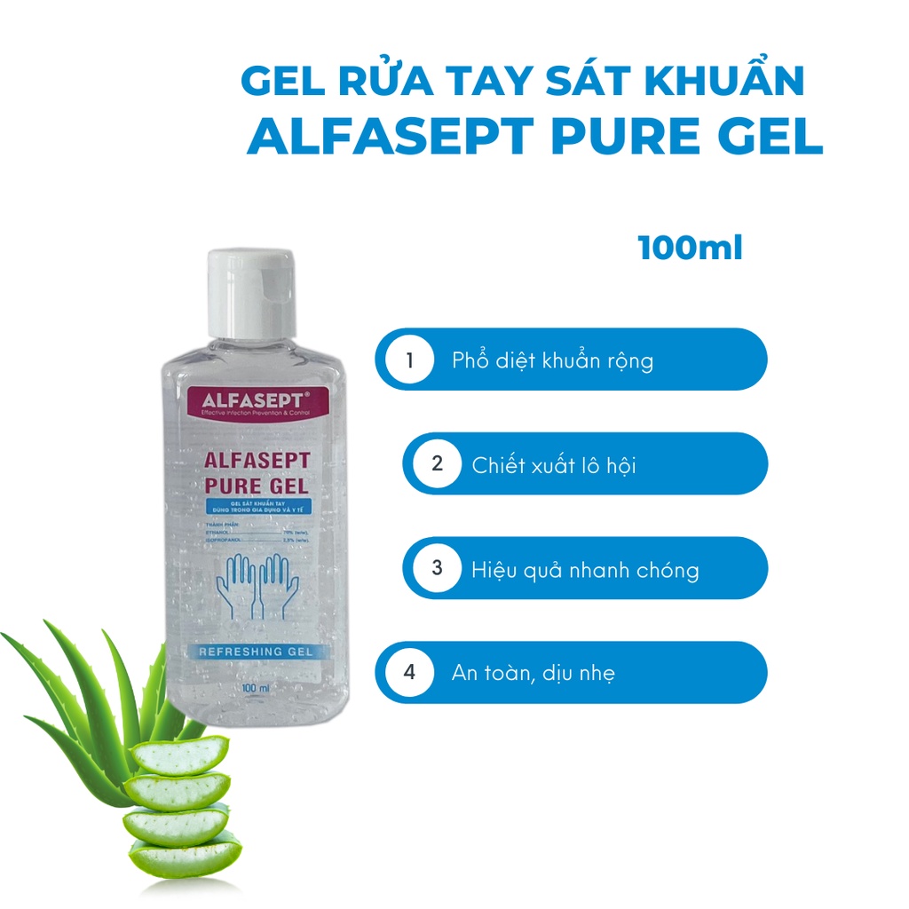 Dung Dịch Rửa Tay Khô ALFASEPT Pure Gel Phù Hợp Cho Da Nhạy Cảm, Giúp Diệt Khuẩn, Tăng Cường Dưỡng Ẩm Lọ 100ml