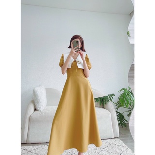 Đầm váy freesize vàng cổ trắng form dài