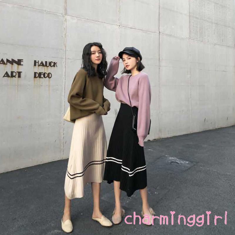 Chân váy midi dệt kim lưng cao màu sắc tương phản thời trang cho nữ