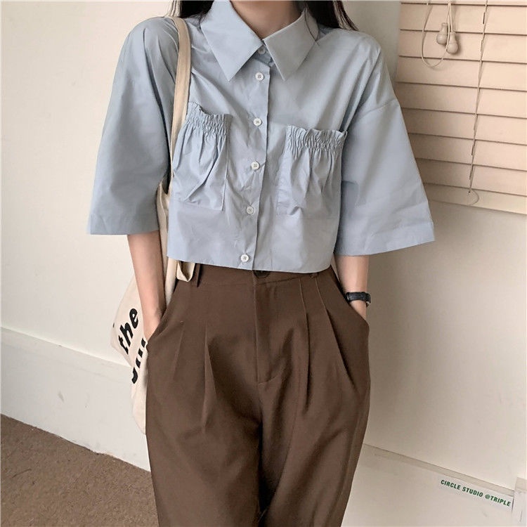 Áo Sơ Mi Ngắn Mỏng Màu Xanh Lá Phong Cách Hàn Quốc Thời Trang Mùa Hè Hàng Mới Dành Cho Bạn Nữ
