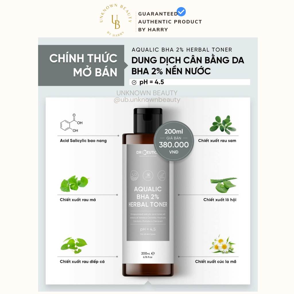 TONER CÂN BẰNG DA BHA 2% - NỀN NƯỚC - DrCeutics AQUALIC BHA 2% HERBAL TONER | UNKNOWN BEAUTY