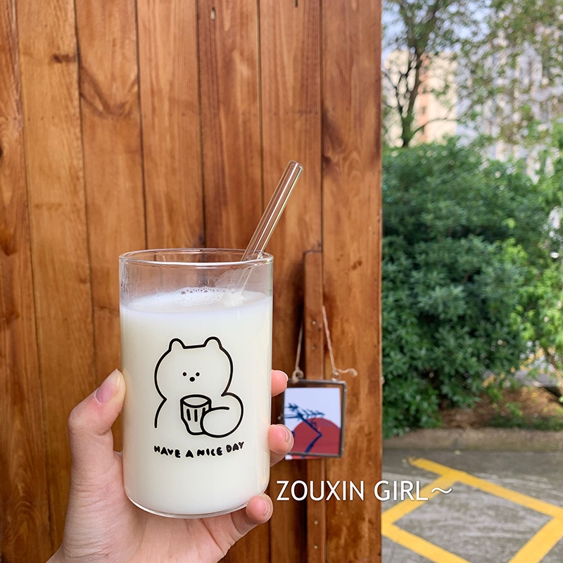 Cốc Thủy Tinh Trong Suốt Chịu Nhiệt In Họa Tiết Hoạt Hình Kiểu Hàn Quốc Xinh Xắn Tiện Dụng