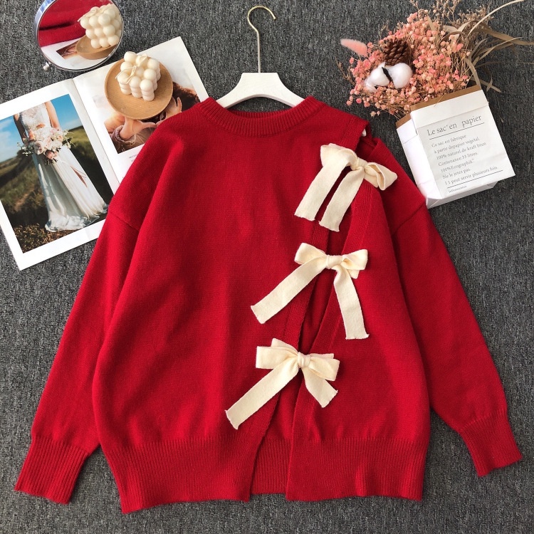 Áo Sweater Dáng Rộng Đính Nơ Xinh Xắn - MUOJ - Chất Len Mịn Loại Cao Cấp
