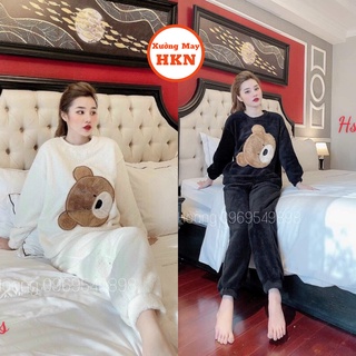 Bộ Quần Áo Ngủ Nữ, Đồ Ngủ Pijama Chất Lông Hình Gấu Mặc Mùa Đông Ấm Áp Có 3 Màu Lựa Chọn Xưởng May HKN