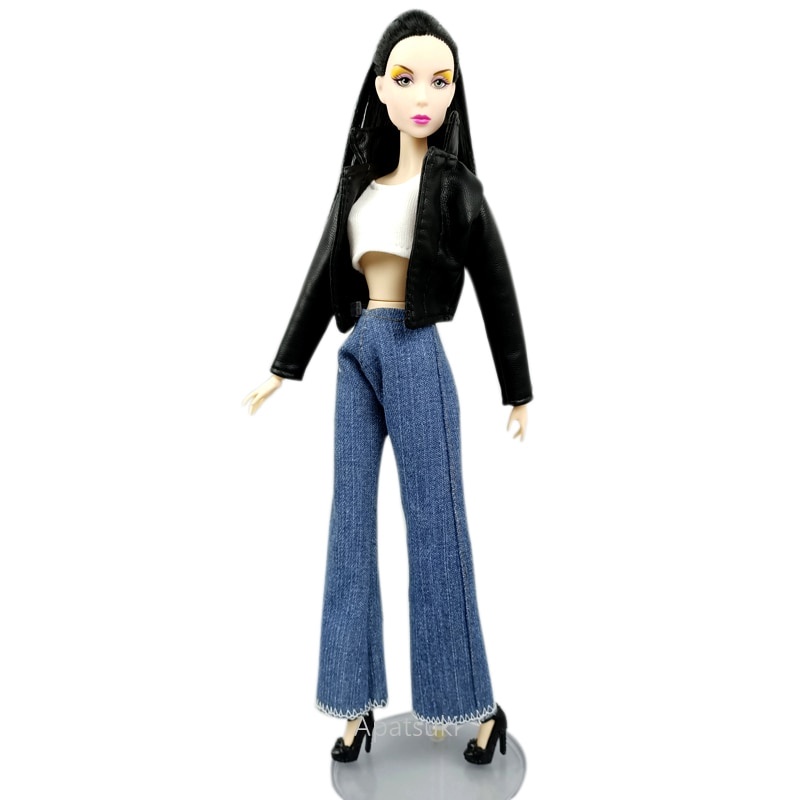 Set Áo Khoác Da Màu Đen Và Quần Jean Dài Ống Rộng Thời Trang Cho Búp Bê Barbie