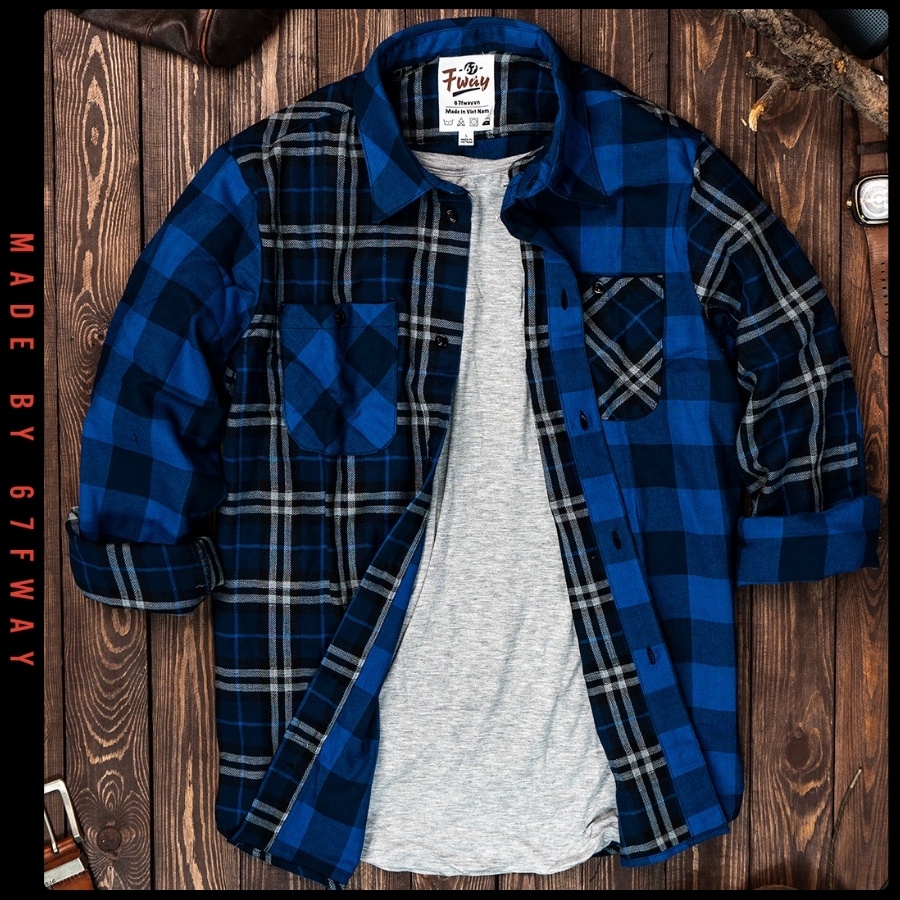 CARO BLUE SHIRT / Sơ mi Flannel kẻ xanh dương phối độc đáo Unisex