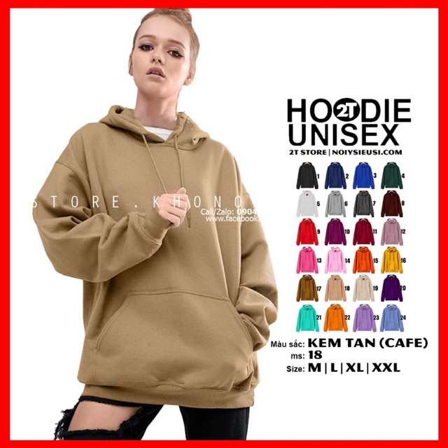 Áo hoodie unisex 2T Store H18 màu kem tan cafe - Áo khoác nỉ bông nữ chui đầu nón 2 lớp dày dặn chất lượng đẹp