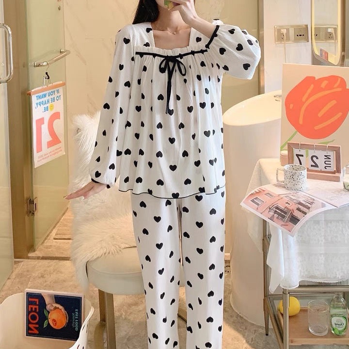 Bộ đồ ngủ tay dài cổ vuông chất liệu cotton thời trang xuân thu mới 2021 | BigBuy360 - bigbuy360.vn