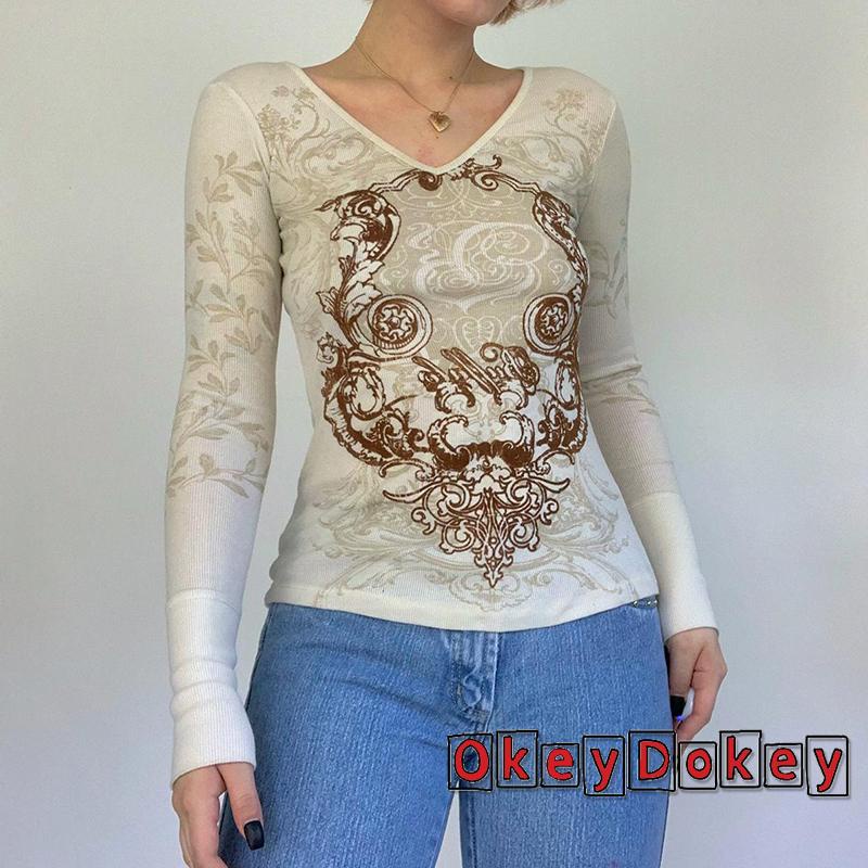 Áo Thun Tay Dài Cổ Chữ V In Họa Tiết Fairycore Grunge y2k Phong Cách Vintage Dành Cho Nữ