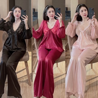 Đồ bộ nữ phối ren, đồ ngủ tiểu thư, chất liệu lụa satin mềm mịn
