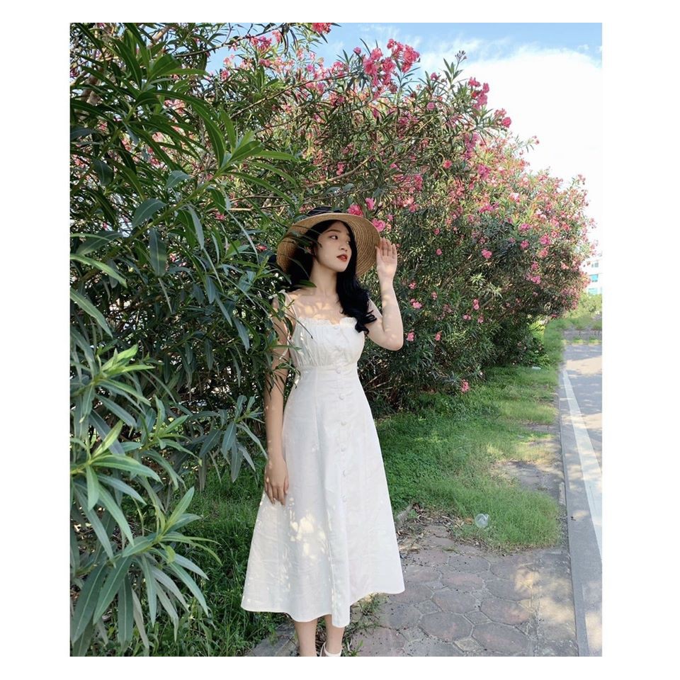 Đầm maxi 2 dây xếp li đi biển vintage | BigBuy360 - bigbuy360.vn