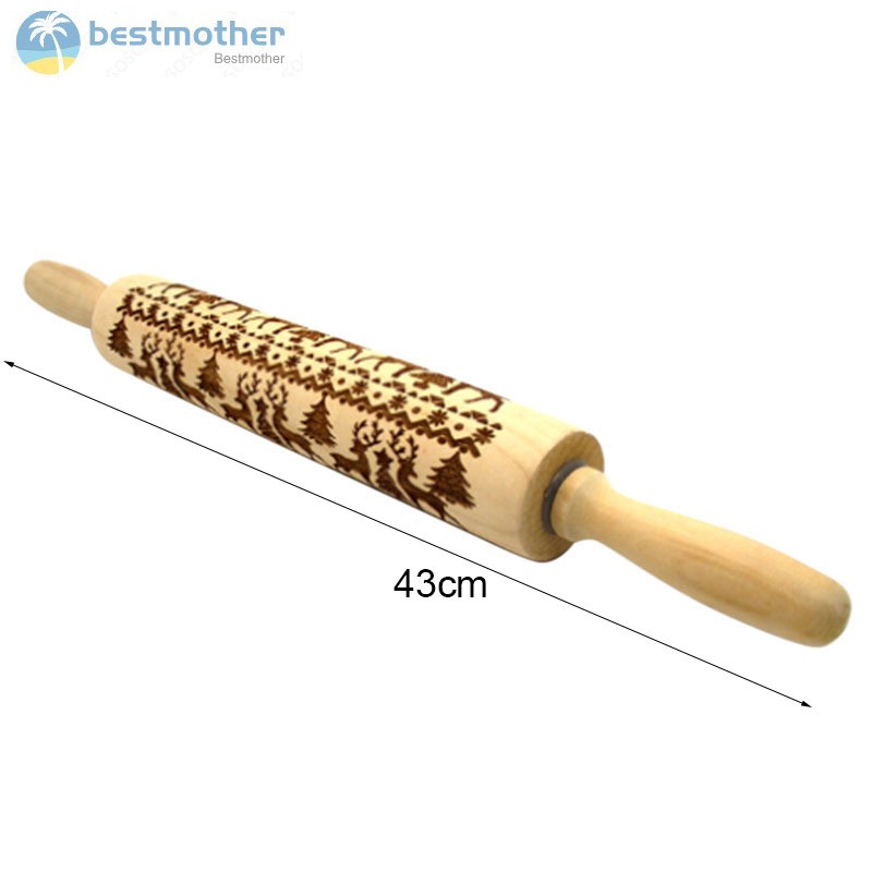 ✿BM✦ Christmas Rolling Pin Engraved Carved Wood Embossed Rolling Pin Kitchen Tool