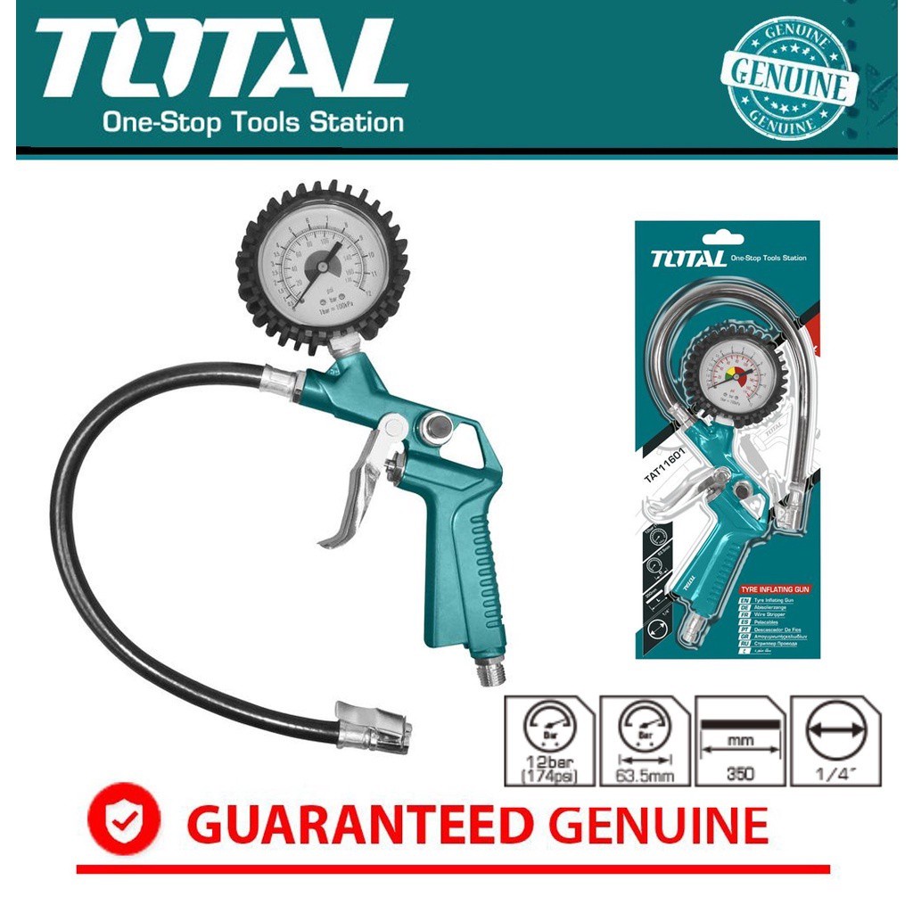 SÚNG BƠM LỐP XE Ô TÔ Dùng Khí Nén Total TAT11601 Có Đồng Hồ Đo -  Áp suất tối đa 320PSI