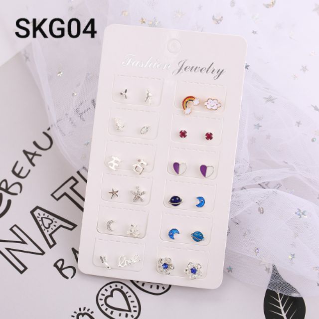 Set 12 đôi bông tai nụ mạ bạc SKG cực sáng xịn, khuyên nụ sáng