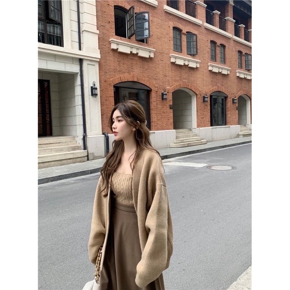 Áo Khoác Cardigan Len Nữ Cổ Tim Phối Váy Dạ Dệt Kim Phong Cách Hàn Quốc