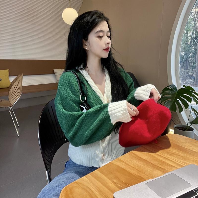 Áo Khoác Cardigan Dệt Kim Tay Phồng Màu Sắc Tương Phản Phong Cách Retro Thời Trang Thu Đông