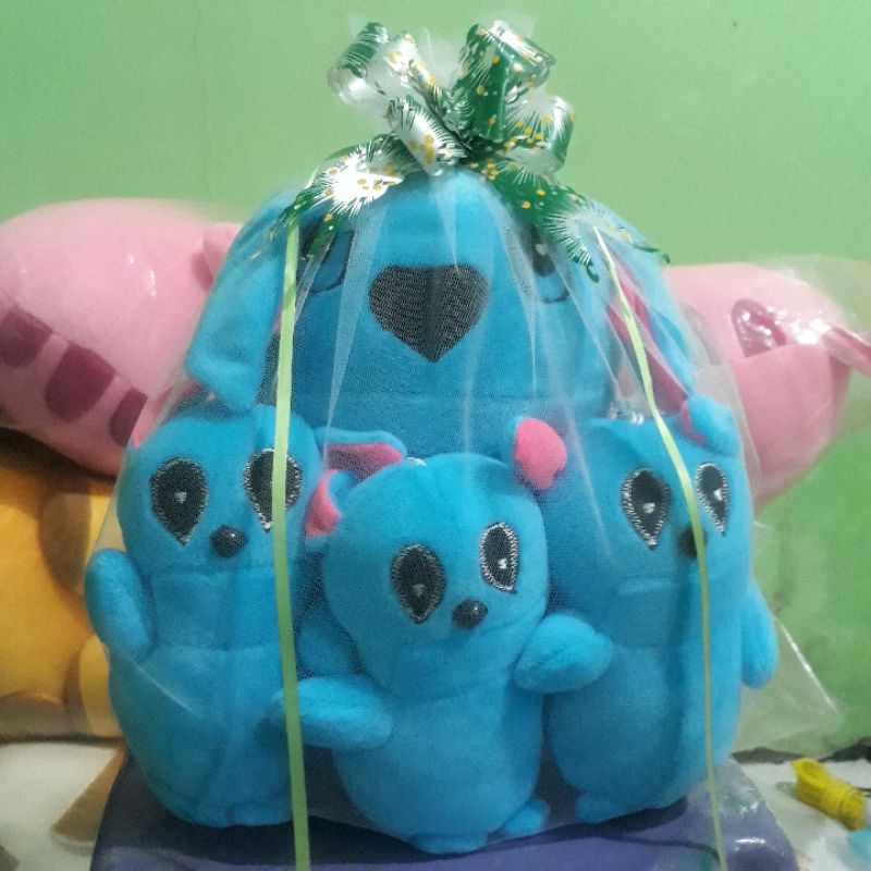 Búp bê nhồi bông hình stitch 3 mặt kính có giác hút và lưới